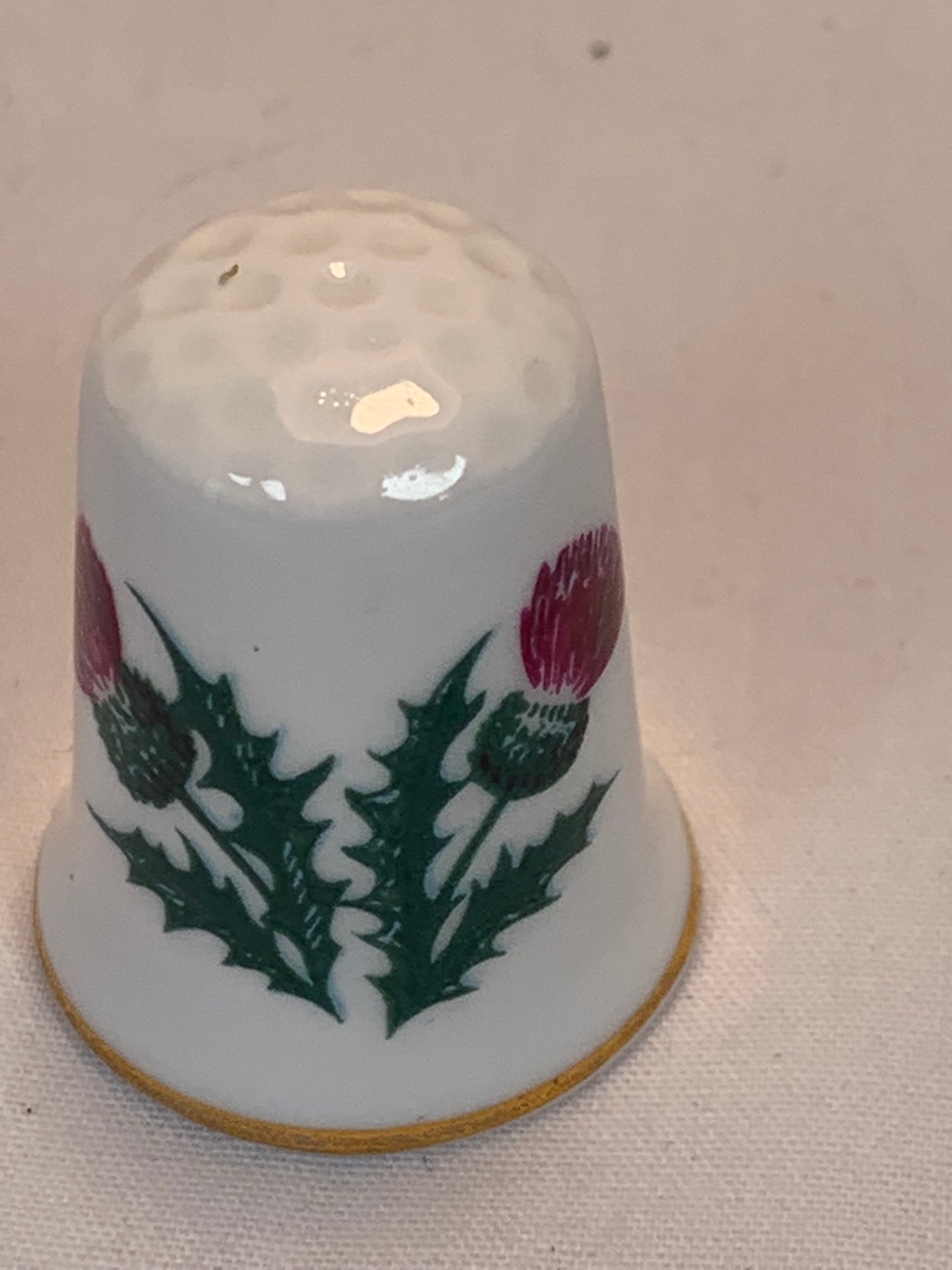 Thimble Souvenir, Gift, Purple Thistle Flower, Porcelain, Sewing, Gold Trim