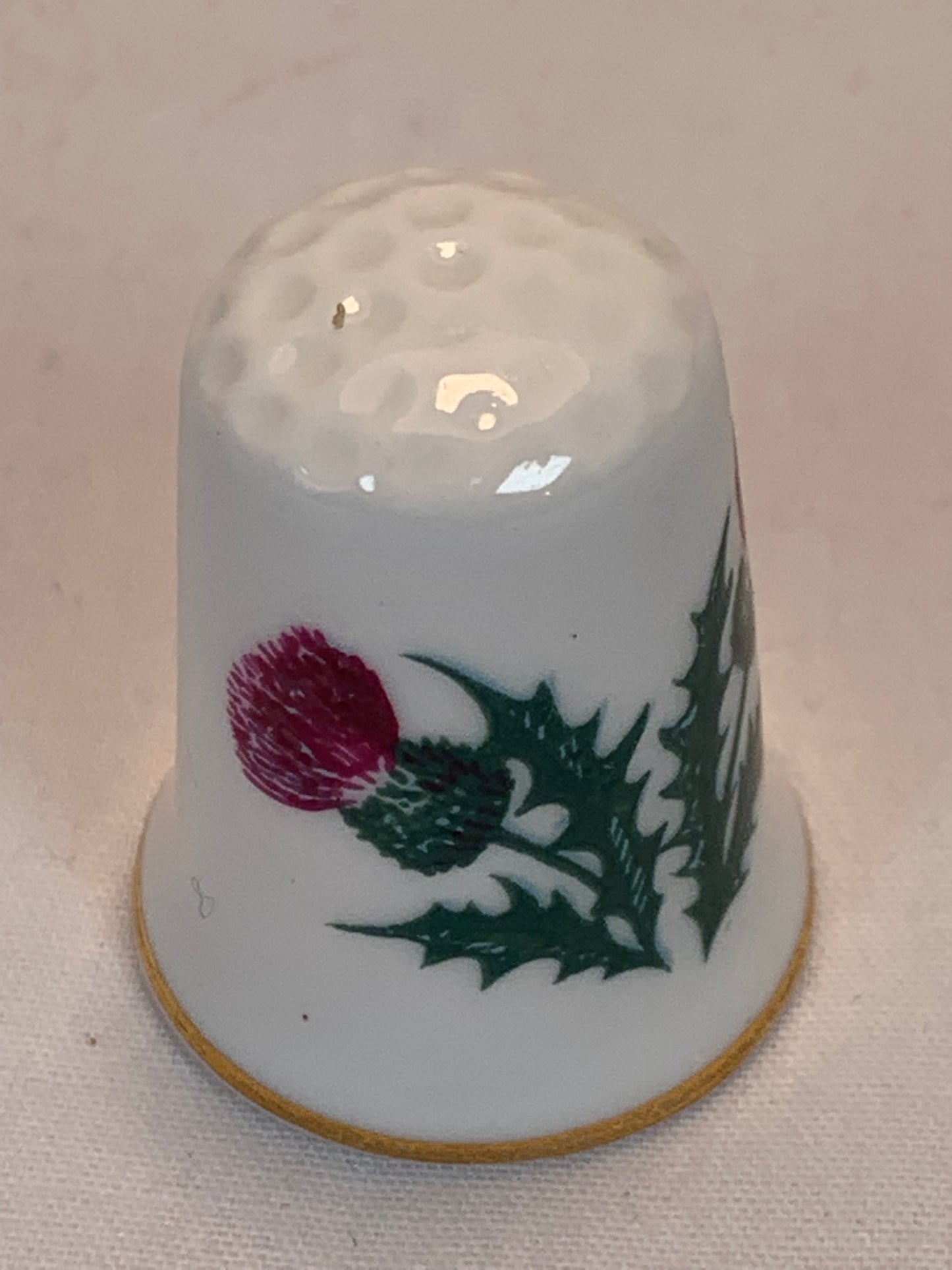 Thimble Souvenir, Gift, Purple Thistle Flower, Porcelain, Sewing, Gold Trim