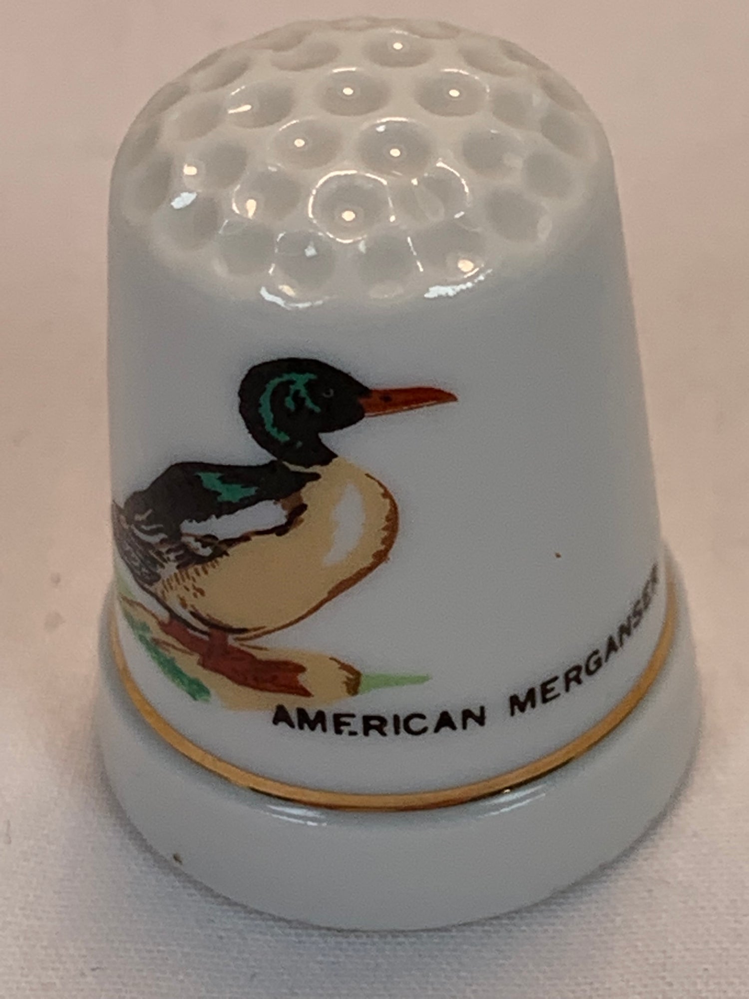 Thimble Souvenir, Gift, American Merganger, Porcelain, Sewing, Gold Trim