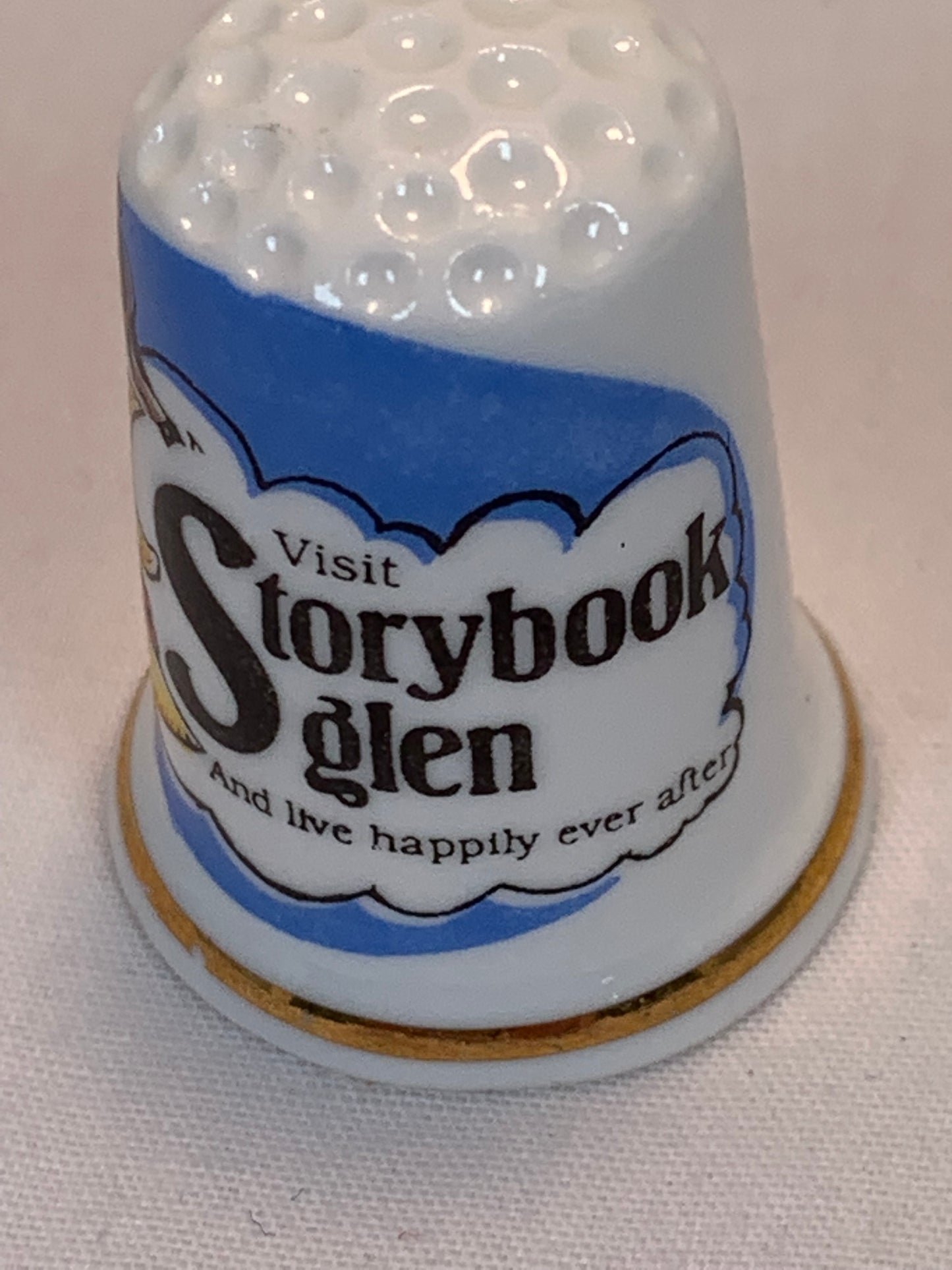 Thimble Souvenir, Gift, Storybook Glen, Porcelain, Sewing, Gold Trim, Bone China