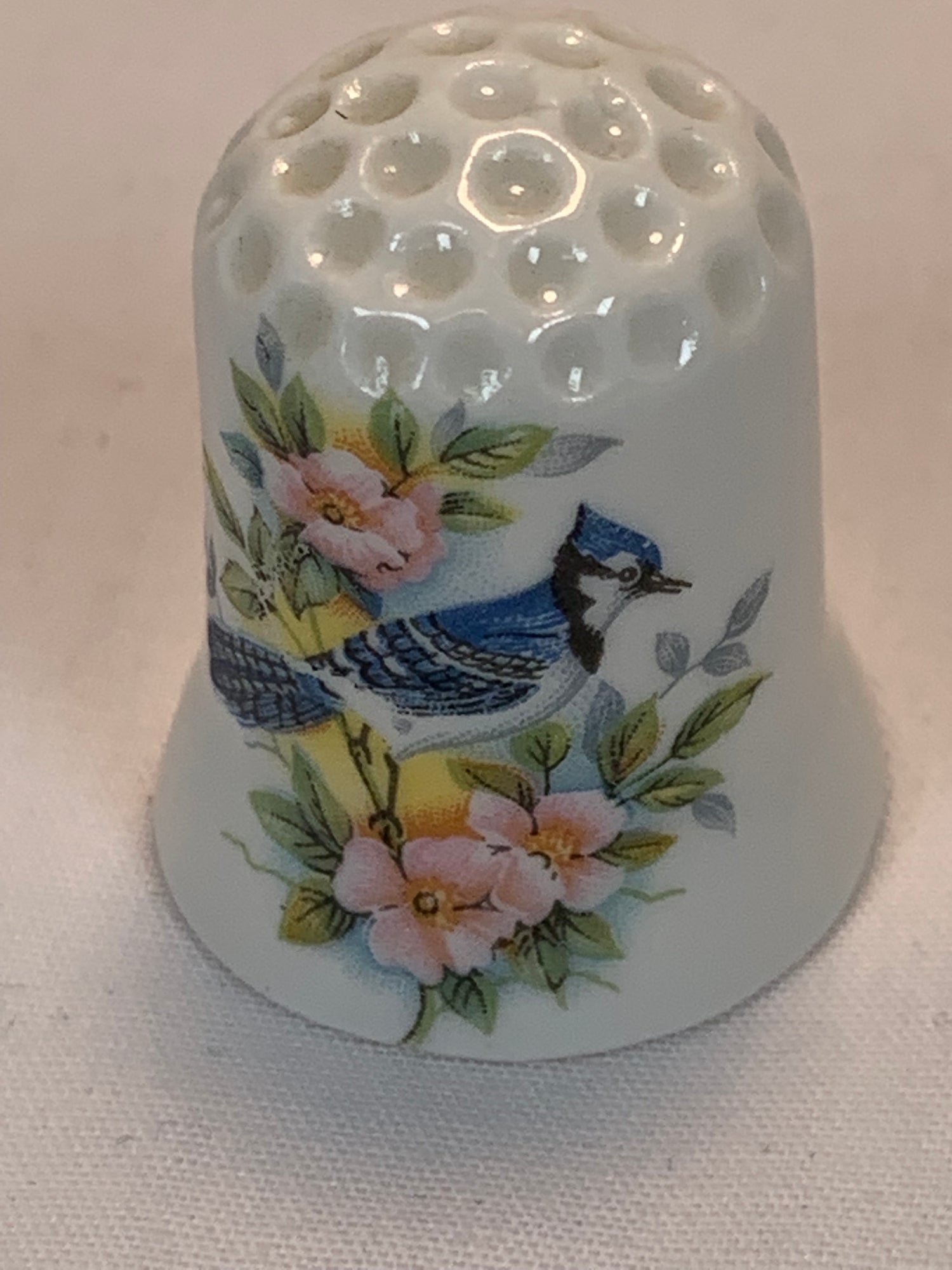 Thimble Souvenir, Gift, Blue Jay, Banff Alberta, Porcelain, Sewing, Gold Trim