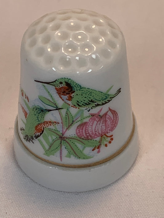 Thimble Souvenir, Gift, Green Hummingbird, Pink Flowers, Porcelain, Sewing, Gold Trim