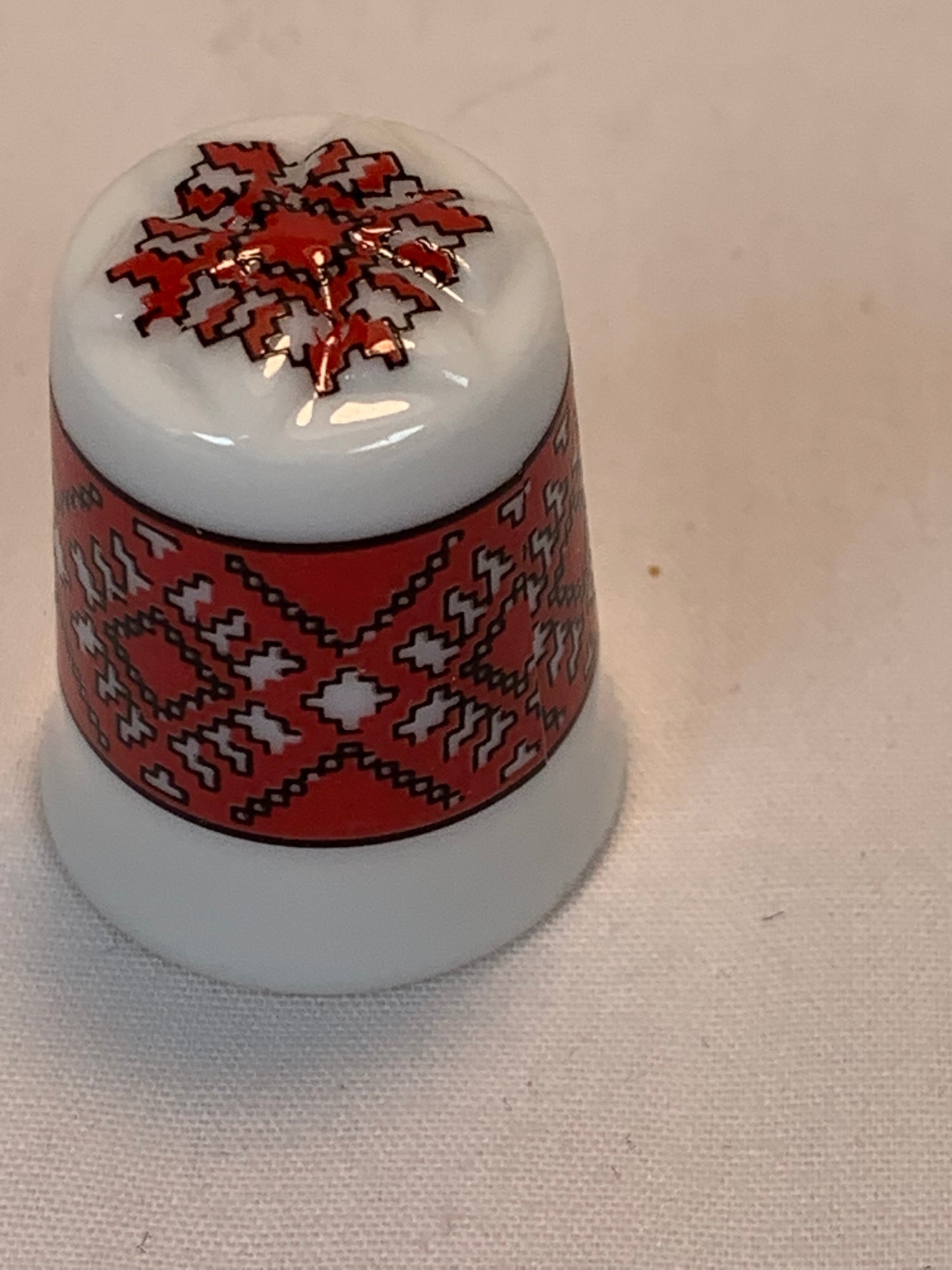 Thimble Souvenir, Gift, Red Plaid Design, Porcelain, Sewing