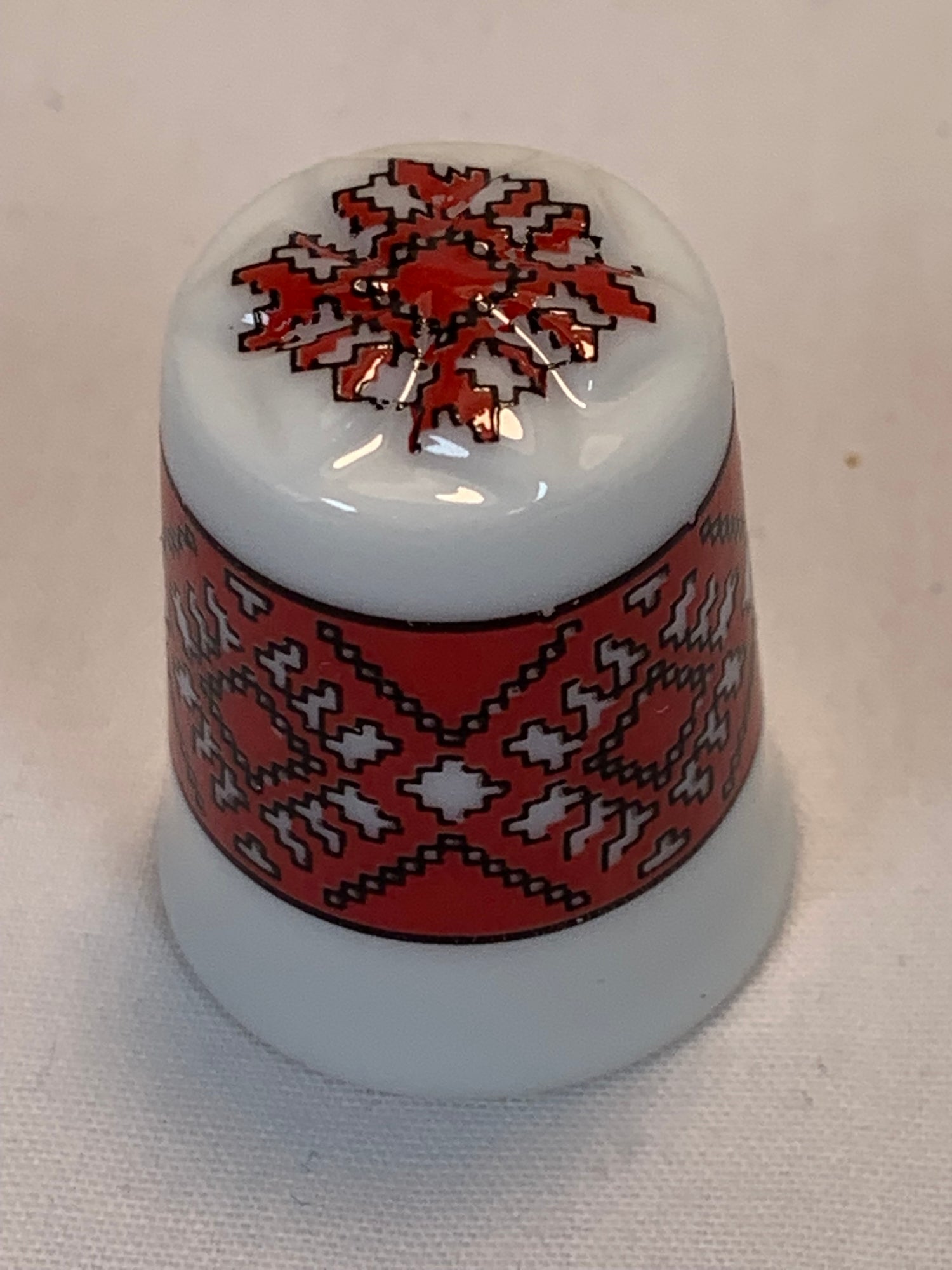 Thimble Souvenir, Gift, Red Plaid Design, Porcelain, Sewing