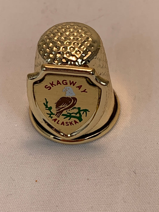 Thimble Souvenir, Gift, Skagway, Alaska, Gold Colored Metal, Sewing, Eagle