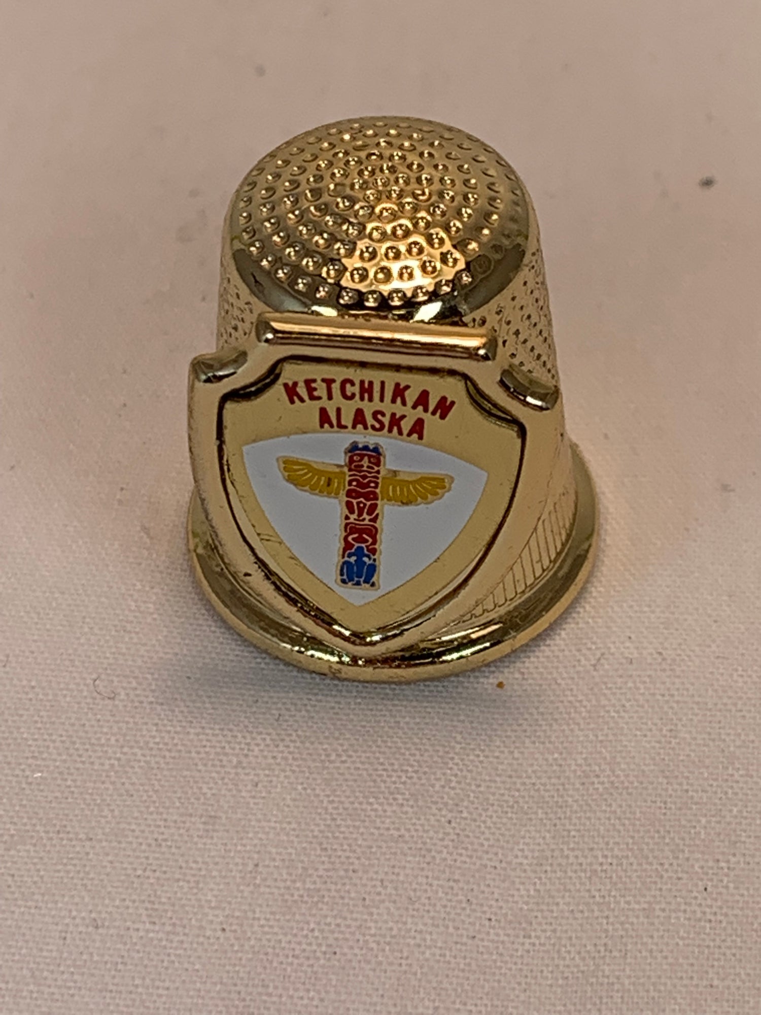 Thimble Souvenir, Gift, Ketchikan, Alaska, Gold Colored Metal, Sewing, Totem Pole