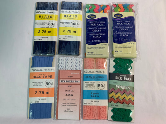 Bias Tape, 8 Pkgs, New/Old Stock, Vintage, Blue, Green, Black, Pink, Burgundy, Twill Tape, Scrapbooking, Junk Journals, Crafts, Sewing
