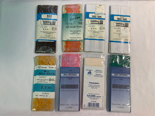 Bias Tape, Twill Tape, Rick Rack, New/Old Stock, Vintage, Green, Pink, Orange, White, Cream, Yellow, Brown, Scrapbooking, Junk Journals, Crafts, Sewing, (A-3)