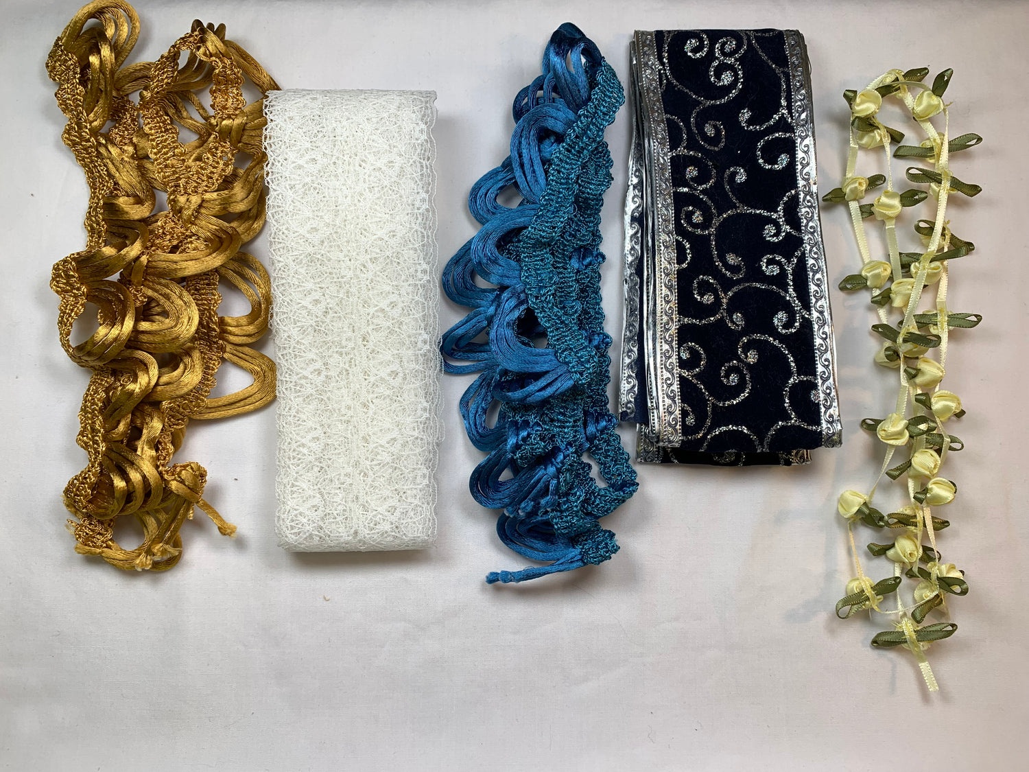 Fancy Ribbon Blue & Silver, Yellow Flowers, Gold Fringe, Blue Fringe, White Lace, Scrapbooking, Doll Clothes, Junk Journals, Crafts, Hobbies, Photos. Card-Making, Baby Clothes