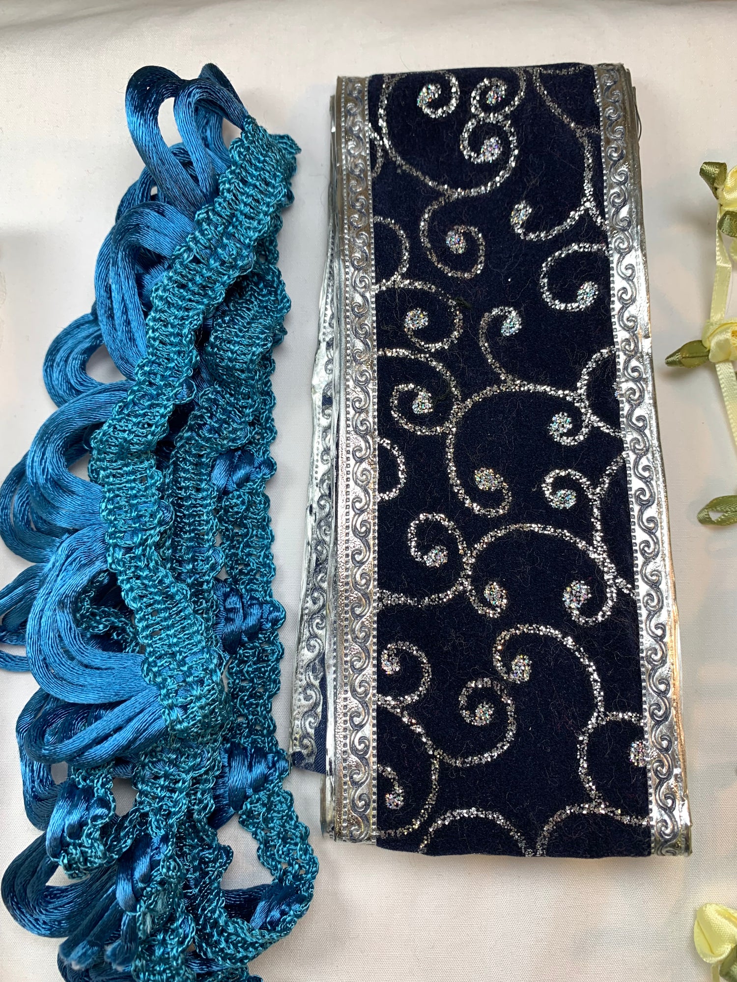 Fancy Ribbon Blue & Silver, Yellow Flowers, Gold Fringe, Blue Fringe, White Lace, Scrapbooking, Doll Clothes, Junk Journals, Crafts, Hobbies, Photos. Card-Making, Baby Clothes