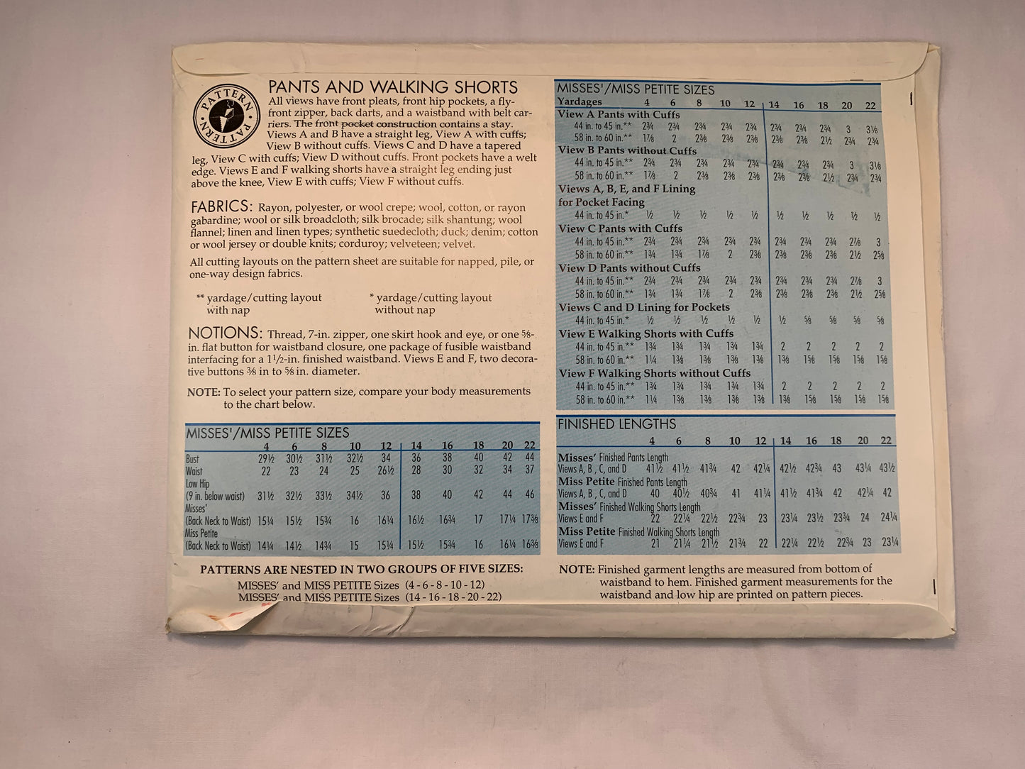 Sewing Step-By-Step Pants And Walking Shorts, Category 4 Cards 9-12, Size 4-22, Uncut, Vintage 1993