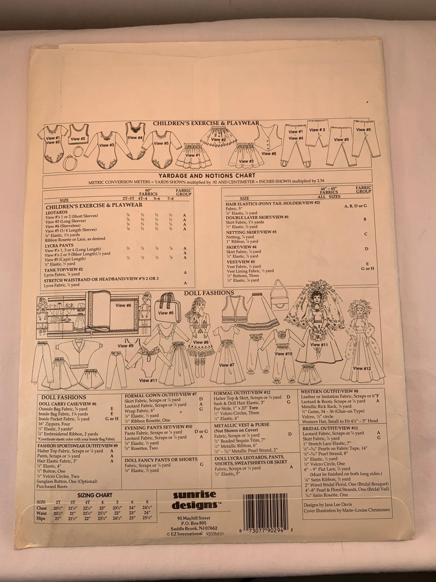 Sunrise Designs Pattern, Uncut, Play Time, Dance, Exercise, Play Wear, Sizes 2T - 8, Doll clothes and Carry Case, Vest, Purse, Pants, Skirt