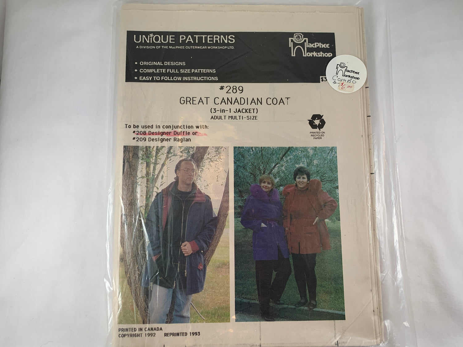Unique Patterns Great Canadian Coat 3 in 1 Jacket, Adult Multi Size, 1992, MacPhee, Unlined, Drop Shoulders, Long Raglan Sleeves, Pockets