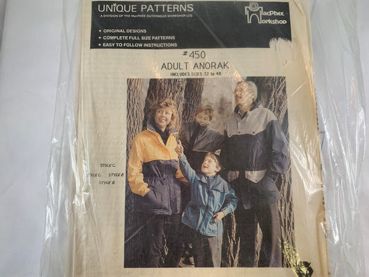 Unique Sewing Pattern 450 Adult Anorak, Coat, Jacket, Hood, Winter, MacPhee Workshop, Pockets, Hood, Collar, Zipper Front, Parka, Cuffs, Size 32-48, Vintage 1991