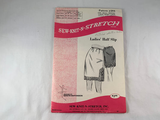 Sew-Knit-N-Stretch Pattern 204, Ladies' Half Slip, Uncut, Vintage 1969