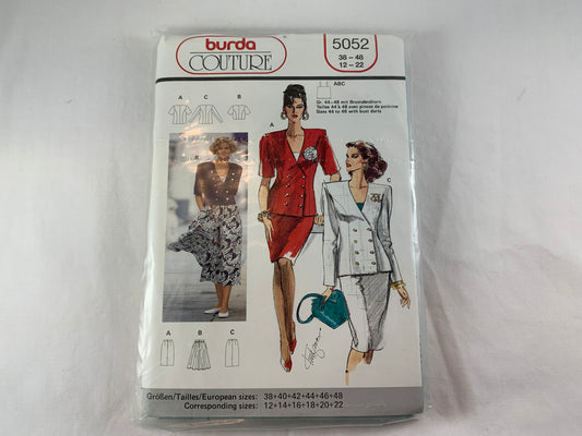 Burda Sewing Pattern 5052 Misses' Skirt, Top, Jacket, Double Breasted, Button Front, Zipper Back, Long/Short Sleeves, Size 38-48, Uncut, Vintage 1990