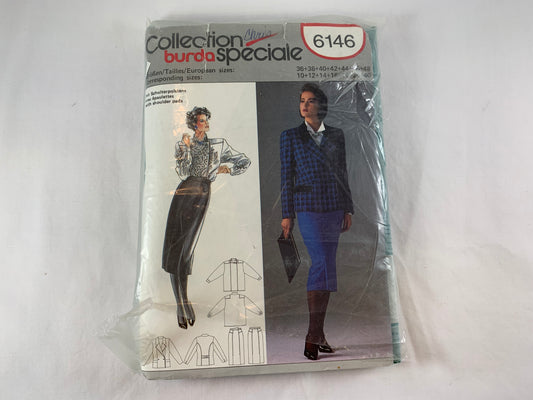 Burda Sewing Pattern 6146 Misses' Skirt, Top, Jacket, Button Front, Pockets, Long Sleeves, Size 38-46, Uncut, Vintage 1995