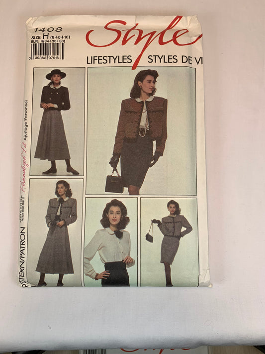 Style Sewing Pattern 1408 Misses' Lined Jacket, Blouse, Skirts, Shoulder Pads, Zipper Back, Pockets, Flared, Size 6-10, Cut, Vintage 1988