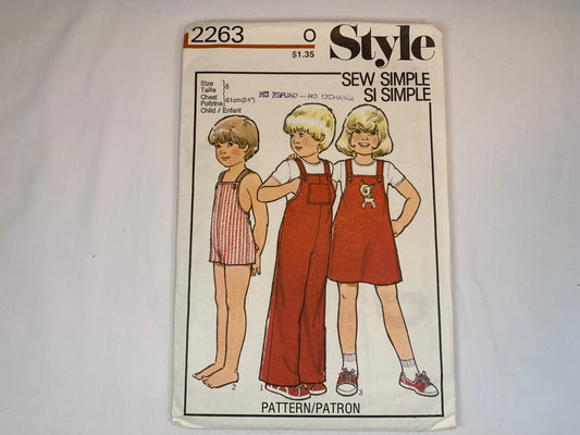 Style 2263 Girls' Boys' Dungarees, Coveralls, Jumper, Pinafore, Size 5, Cut, Vintage 1978