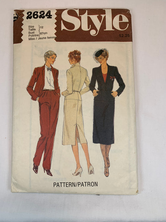 Style 2624 Misses' Trousers, Pants, Unlined Jacket, Skirt, Size 12, Cut, Vintage 1979
