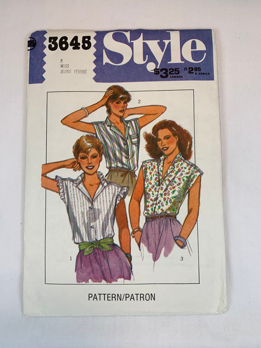 Style 3645 Misses' Blouses, Size 8, Cut, Vintage 1982