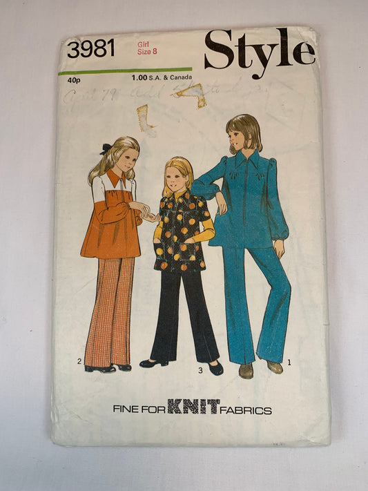 Style 3981 Girls' Tops, Smock, Pants, Size 8, Cut, Vintage 1972