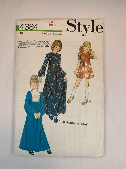 Style 4384 Girls' Dress, Size 7, Cut, Vintage 1973