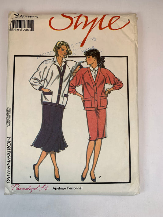 Style Sewing Pattern 4922 Misses' Skirt, Jacket, Cardigan, Pockets, Longs Sleeves, Two Lengths, Size 7-10, Cut, Vintage 1988
