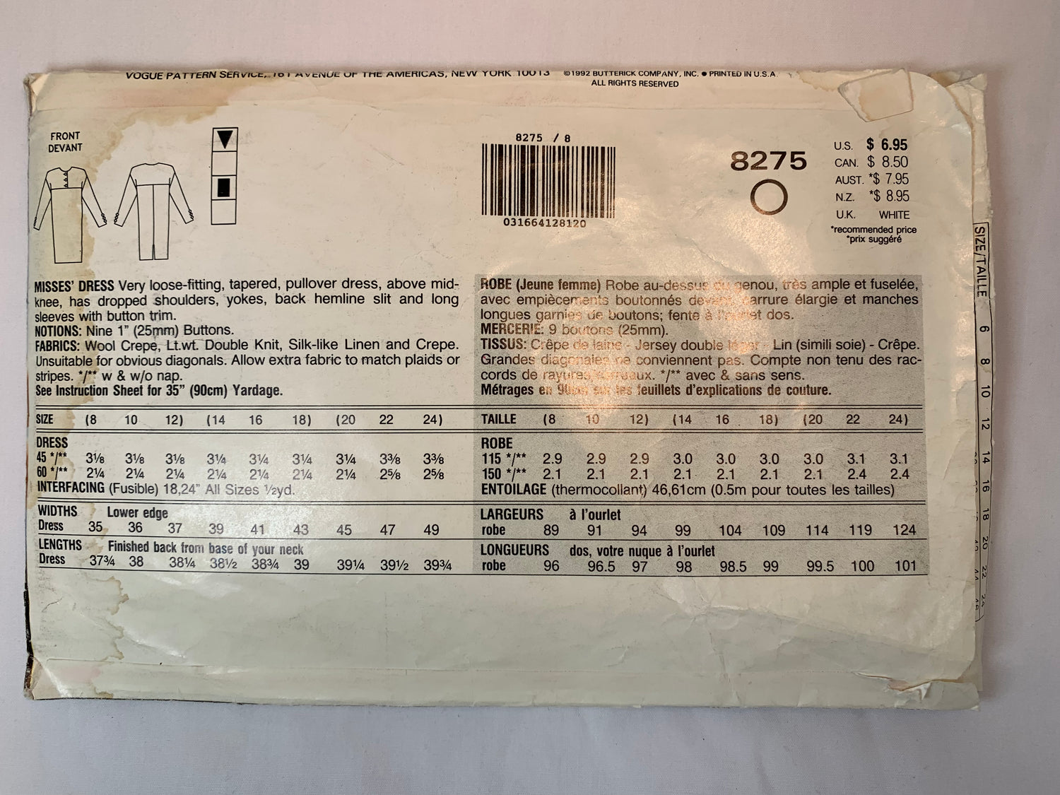 Vogue 8275, Misses' Dress, Size 8-12, Cut, Vintage 1992