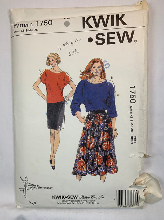 KWIK 1750 Misses' Tops, Skirt, Size 31-38, Cut, Vintage 1988