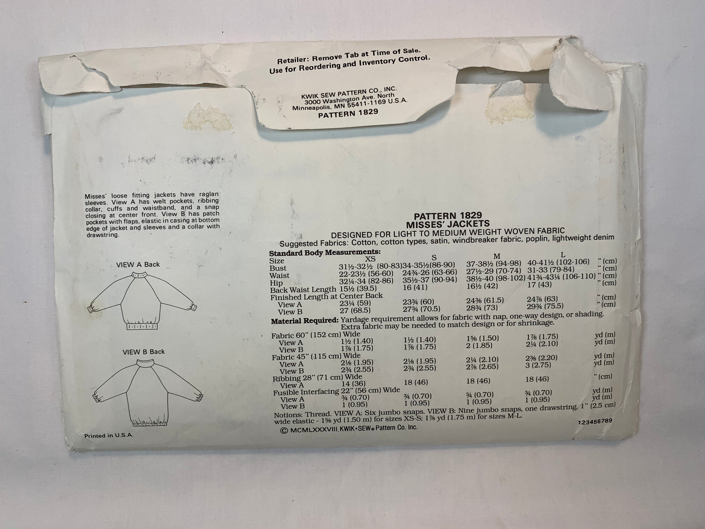 KWIK 1829 Misses' Jacket, Size XS-L, Uncut, Vintage 1988