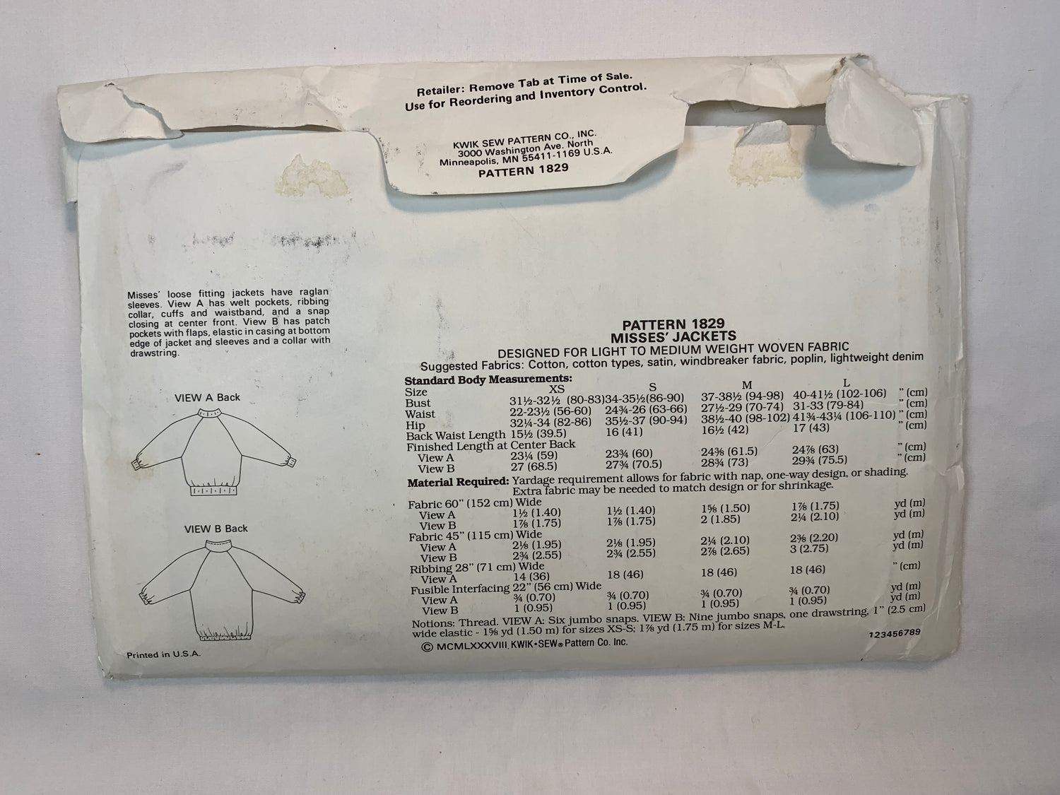 KWIK 1829 Misses' Jacket, Size XS-L, Uncut, Vintage 1988