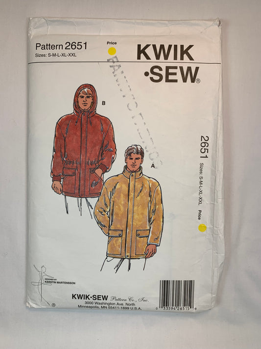 KWIK Sewing Pattern 2651 Men's Lined Jacket, Long Sleeves, Hood, Elastic Waist, Size 34-44, Cut, Vintage 1997