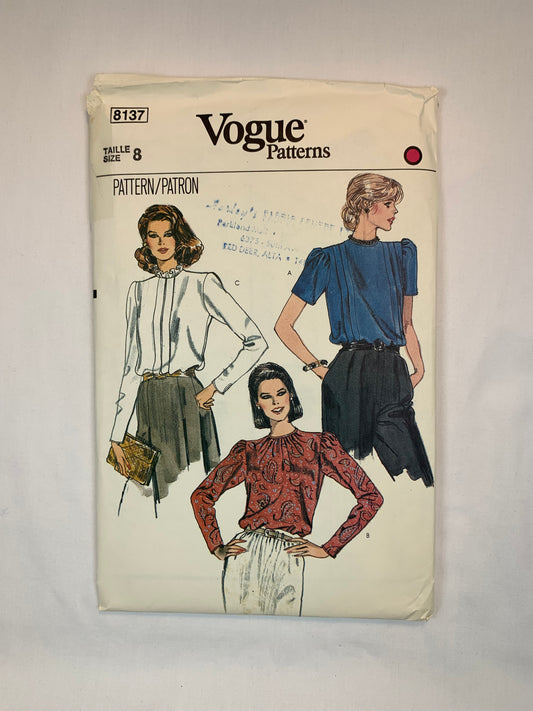 Vogue 8137, Misses' Blouse, Tops, Size 8, Uncut, Vintage 1980