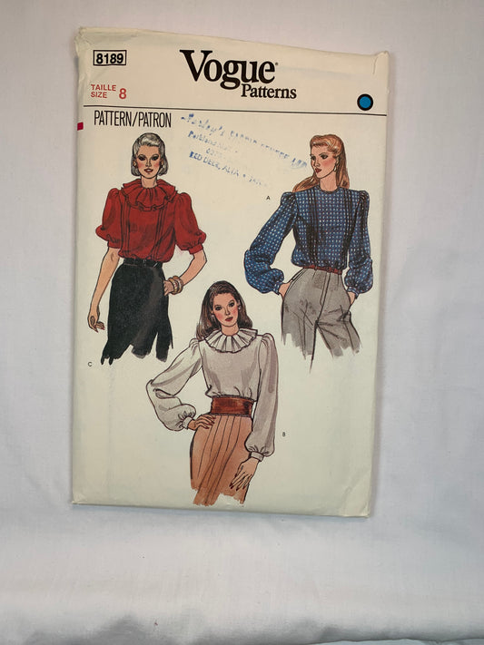 Vogue 8189, Misses' Blouse, Tops, Size 8, Uncut, Vintage 1980