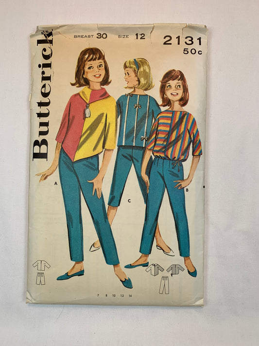 Butterick Sewing Pattern 2131 Girls' Top, Pants, Capris, Zipper Back, Long Sleeves, Cowl Collar, Size 12, Cut, Vintage 1960