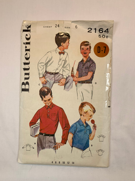 Butterick Sewing Pattern 2164 Boy's Shirt, Button Front, Pocket, Collar, 4 Variations, Long/Short Sleeves, Size 6, Cut, Vintage 1960