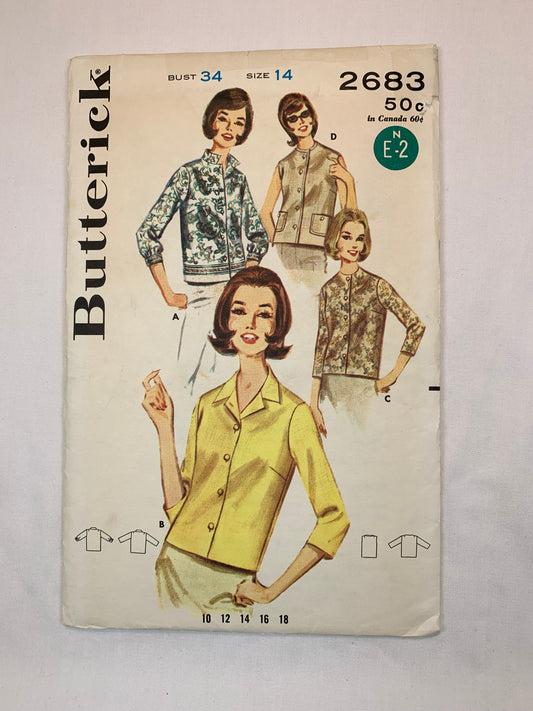 Butterick Sewing Patterns 2683 Misses' Tops, 4 Variations, Button Front, Pockets, Collar, Darts, Size 14, Cut, Vintage 1960