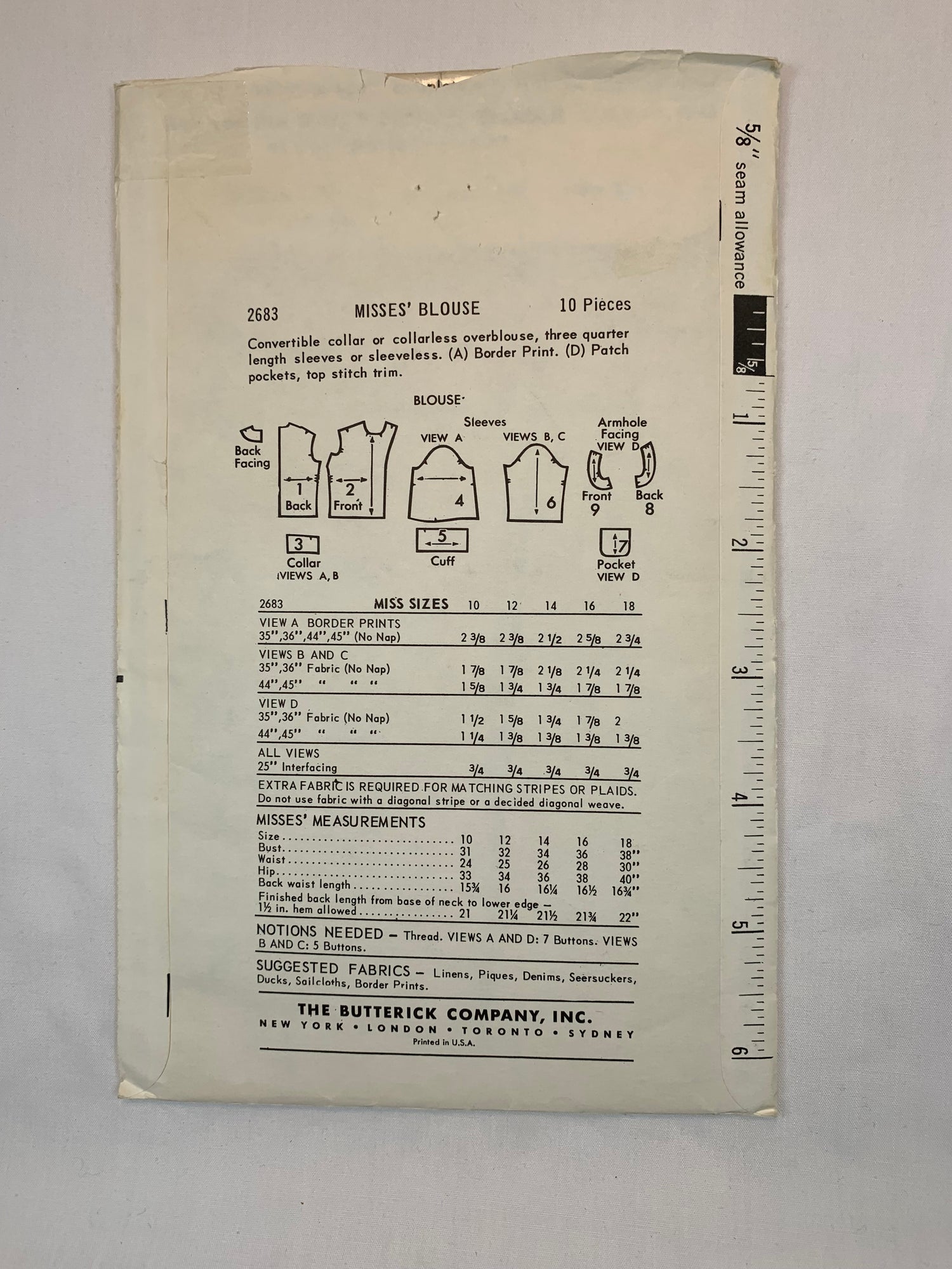 Butterick Sewing Patterns 2683 Misses' Tops, 4 Variations, Button Front, Pockets, Collar, Darts, Size 14, Cut, Vintage 1960