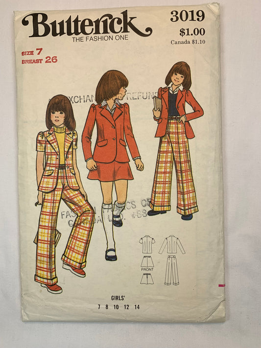 Butterick Sewing Pattern 3019 Girls' Skirt, Pants, Jacket, Button Front, Flared, Collar, Long/Short Sleeves, Size 7, Uncut, Vintage 1970