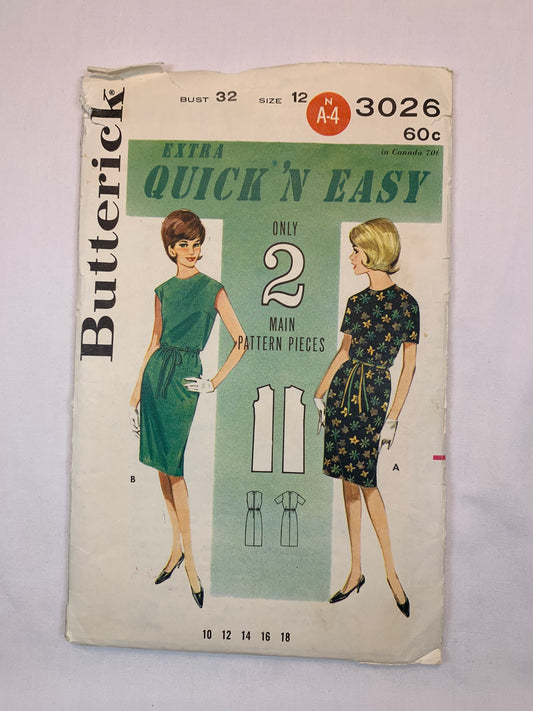 Butterick Sewing Patterns 3026 Misses' Dress, 2 variations, Tie Belt, Sleeveless, Short Sleeves, Size 12, Cut, Vintage 1960