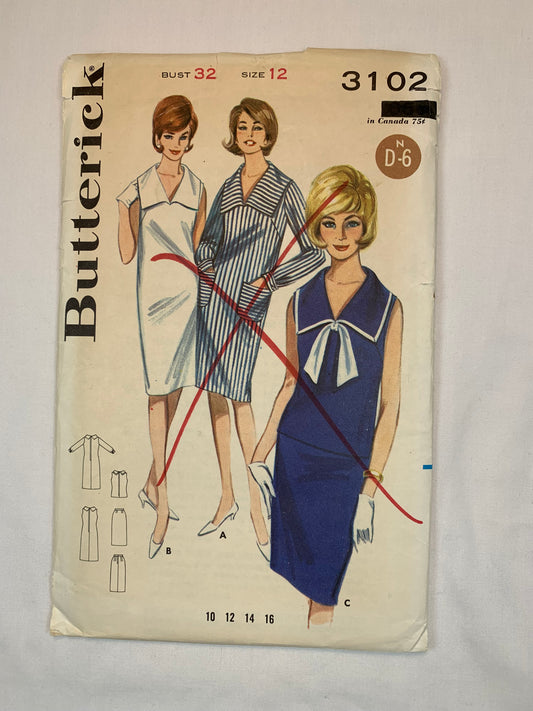 Butterick Sewing Pattern 3102 Misses' Dress, Skirt, Top, Zipper Back, Pockets, Sleeveless, Collar, Size 12, Uncut, Vintage 1960