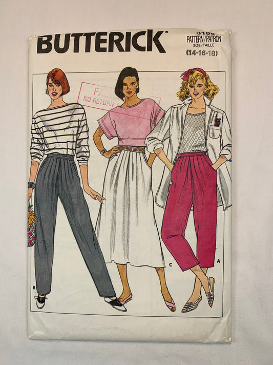 Butterick Sewing Pattern 3188 Misses' Skirt, Pants, Capris, Elastic Waist, Two Lengths, Tapered, Pockets, Size 14-18, Uncut, Vintage 1985