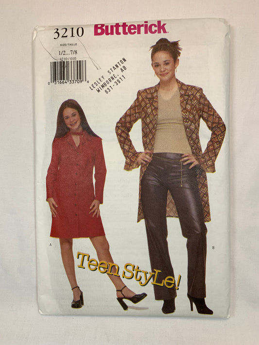 Butterick Sewing Pattern 3210 Misses' Juniors' Dress Pants, Button Front, Long Sleeves, Zipper Back, Size 1-8, Uncut, 2001