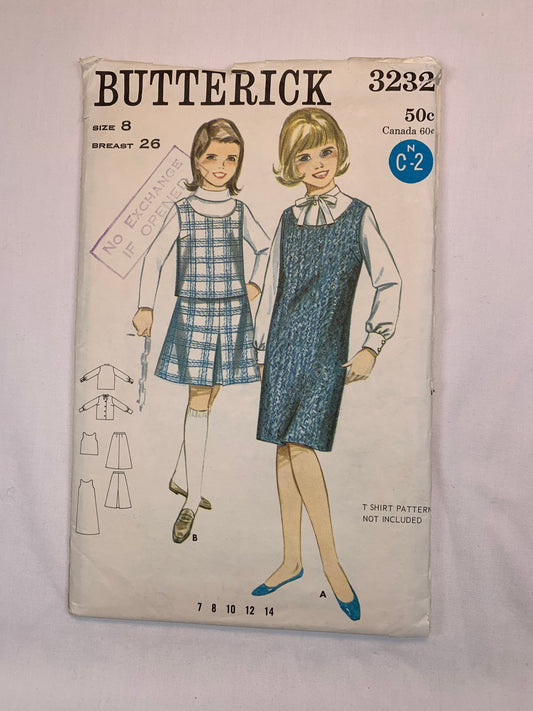 Butterick Sewing Pattern 3232 Girls' Dress, Jumper, Shift, Top, Skirt, Long Sleeves, Collar, Pullover, Zipper Back, Size 8, Cut, Vintage 1960