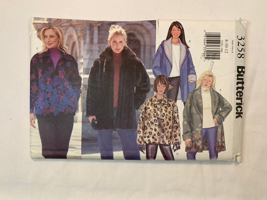 Butterick Sewing Pattern 3258 Misses' Jacket, Zipper Front, 5 Variations, Loose-Fitting, Collar, Hood, Size 8-12, Cut, 2001