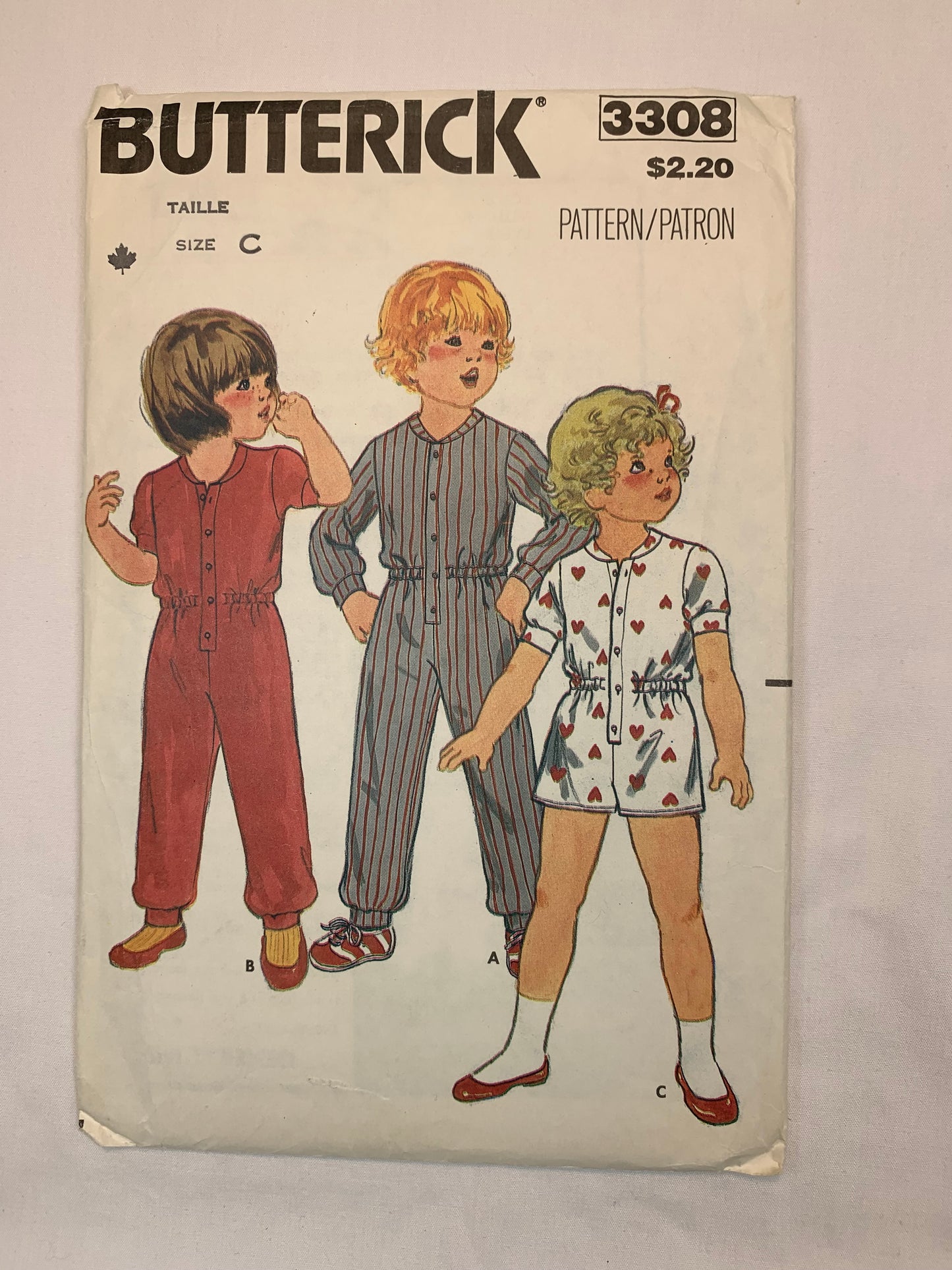 ButterickSewing Pattern 3308, Toddler Jumpsuit, Button Front, Loose-Fitting, Collar, Pockets, Size 2-4, Cut, Vintage 1980