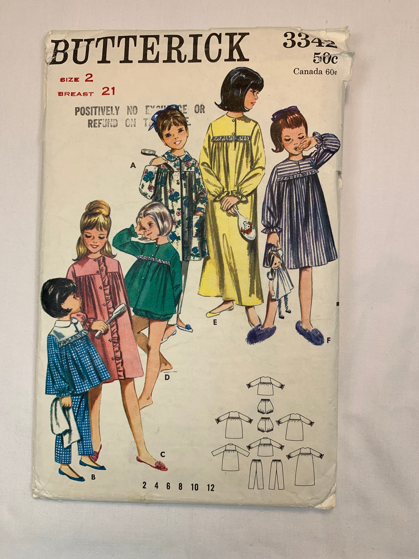 Butterick Sewing Pattern 3342 Girls' Pajamas, Nightgown, Sleepwear, Belt, Robe, Baby Doll, Gown, Size 2, Cut, Vintage 1965