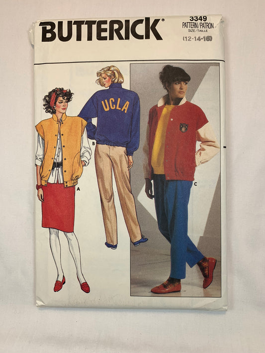 Butterick Sewing Pattern 3349 Misses' Jacket, Vest, Skirt, Pants, Snap Front, Elastic Waist, Collar, Size 12-16, Uncut, Vintage 1985