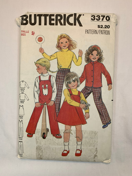 Butterick Sewing Pattern 3370 Girls' Jacket, Jumper Overalls, Top, Pants, Elastic Waist, Button Front, Size 5, Cut, Vintage 1980